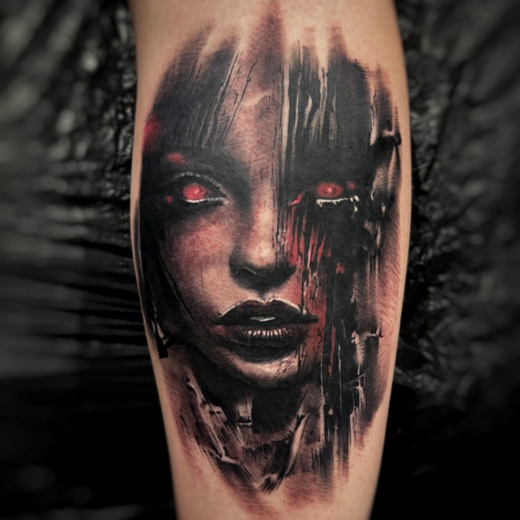 Dark, haunting portrait tattoo design helsinki