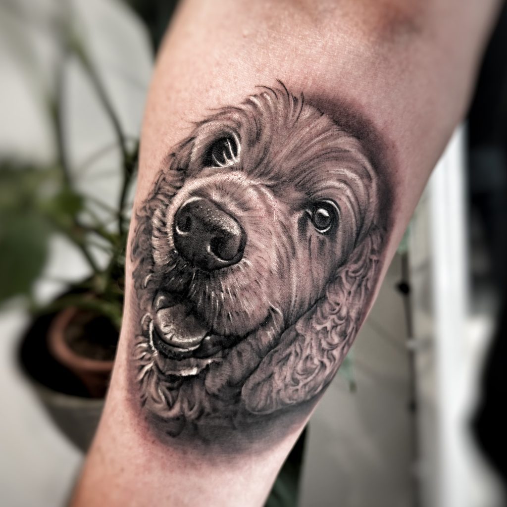 Realistic dog portrait tattoo helsinki